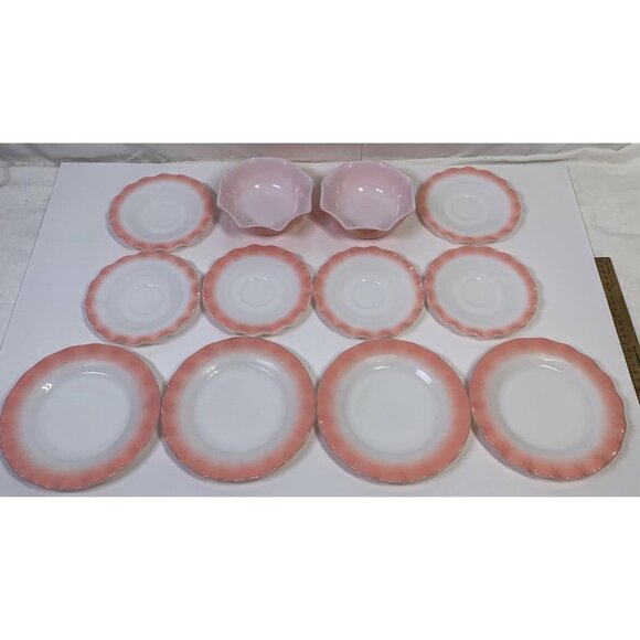 Vintage Lot Hazel Atlas Pink Crinoline Rippled Plates And Bowls - Picture 1 of 7